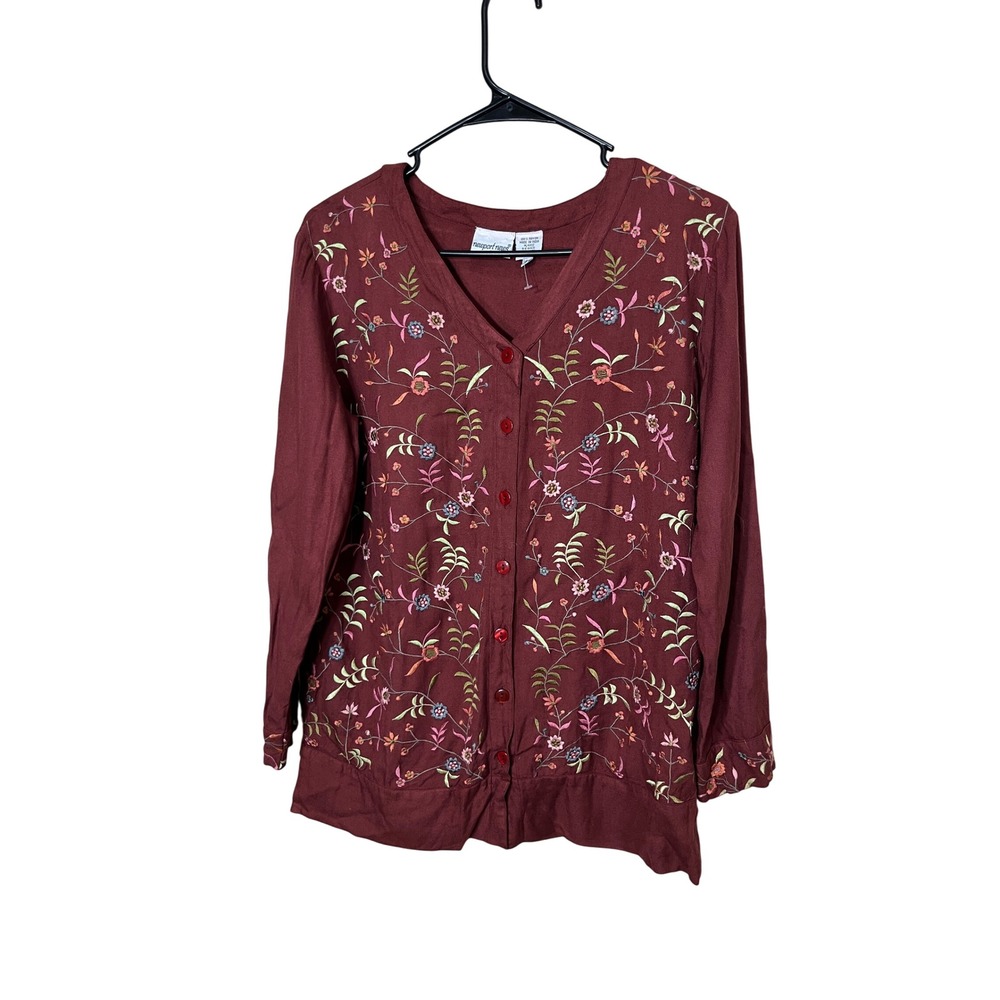 Newport News Burgundy Embroidered‎ Floral V-Neck Button Up Cardigan Top 8